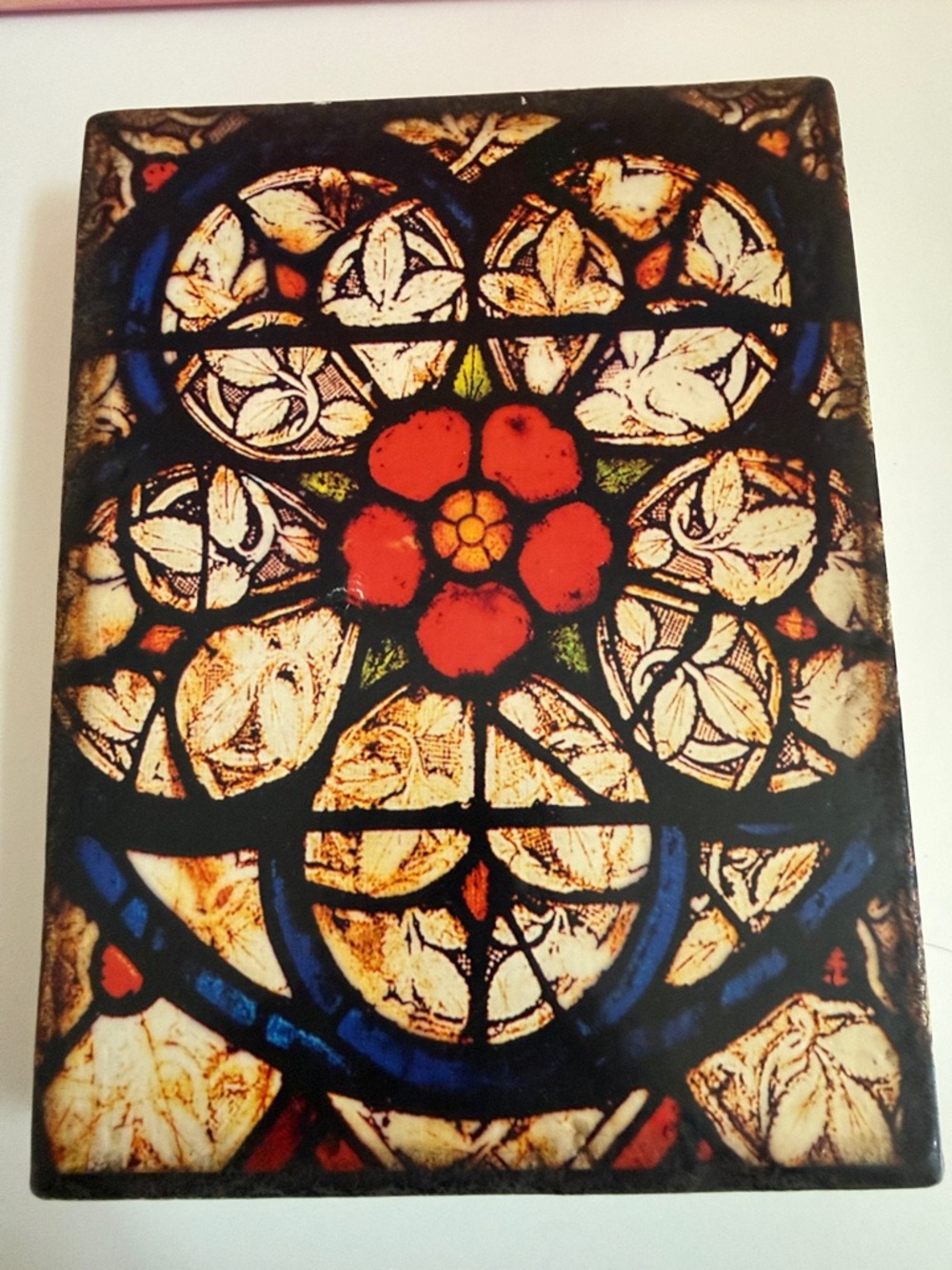 Sid Dickens Red Floral Stained Glass Panel with Blue Accents - Retired